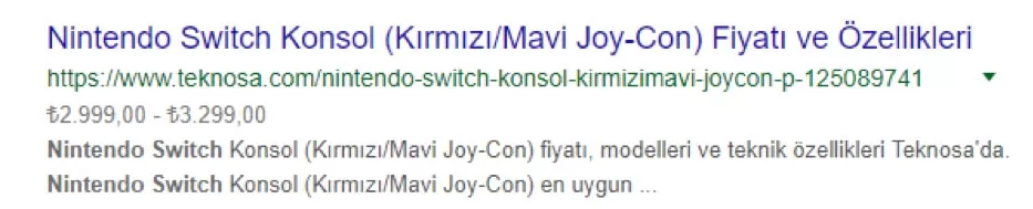 fiyat hakkinde bilgi veren rich snippet ornegi