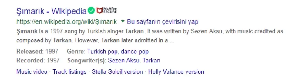 muzik bilgisi veren rich snippet ornegi